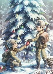  2boys :d backpack bag blurry blurry_background breath christmas christmas_ornaments christmas_tree gloves gun helmet m1_garand male_focus multiple_boys noeyebrow_(mauve) on_one_knee original outdoors rifle smile snow snowing soldier weapon winter world_war_ii 