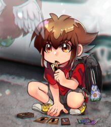  1boy aged_down backpack bag blurry blurry_background brown_eyes brown_hair card day duel_monster feathered_wings full_body grey_shorts hair_between_eyes holding holding_card jinzo_(yu-gi-oh!) kuriboh lolicon male_focus medium_hair multicolored_hair open_mouth outdoors polymerization red_shirt shirt shoes short_shorts short_sleeves shorts sk816 skull_servant sneakers solo squatting two-tone_hair white_wings winged_kuriboh wings yu-gi-oh! yu-gi-oh!_gx yubel yuki_judai 