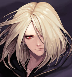  1boy bishounen black_cape blonde_hair cape closed_mouth collarbone commentary_request evilgun floating_cape floating_hair hair_between_eyes hair_over_one_eye igniz_(kof) lips looking_at_viewer male_focus portrait red_eyes short_hair simple_background solo the_king_of_fighters wind 