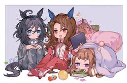  4girls ahoge alarm_clock animal_ears ball bed black_hair blue_eyes book border bottle brown_hair clipboard clock commentary_request drooling eishin_flash_(umamusume) holding holding_clipboard horse_ears horse_girl horse_tail king_halo_(umamusume) long_hair looking_at_viewer medium_hair mouth_drool multiple_girls open_mouth outside_border pajamas purple_eyes raised_eyebrows shoes sitting sleeping smart_falcon_(umamusume) sparkle sweep_tosho_(umamusume) tail track_suit umamusume under_covers white_border yoshida_(ne) 