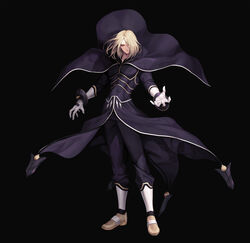  1boy absurdres bishounen black_background black_bodysuit black_cape black_pants blonde_hair bodysuit brown_footwear cape closed_mouth collarbone commentary_request covered_navel evilgun floating_cape floating_hair full_body gloves hair_between_eyes hair_over_one_eye highres igniz_(kof) lips long_sleeves looking_at_viewer male_focus pants red_eyes shoes short_hair simple_background solo standing the_king_of_fighters toned toned_male white_gloves wind 