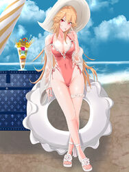  :p akanbe ankle_ribbon azur_lane beach blonde_hair blue_sky breasts casual_one-piece_swimsuit cleavage cloud commentary covered_navel cross-laced_clothes cross-laced_one-piece_swimsuit crossed_legs day eyelid_pull female frilled_one-piece_swimsuit frills full_body groin hat high_heels highleg highleg_swimsuit highres horizon innertube large_breasts leg_ribbon long_hair ocean official_alternate_costume one-piece_swimsuit outdoors parfait pink_one-piece_swimsuit red_eyes ribbon richelieu_(azur_lane) richelieu_(fleuron_of_the_waves)_(azur_lane) sandals side-tie_swimsuit sky solo standing sun_hat swim_ring swimsuit thigh_gap thigh_strap tongue tongue_out watson_cross zubi_(skylinezb) 