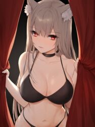  animal_ear_fluff animal_ears bare_arms bare_shoulders black_bra black_choker black_panties bra breasts brown_hair cat_ears cat_girl choker cleavage collarbone curtain_grab curtains expressionless female highres large_breasts long_hair looking_at_viewer navel original panties raku_(clearpage) red_eyes solo stomach strap_gap string_bra string_panties underwear underwear_only upper_body 