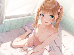  :d absurdres barefoot between_legs blue_eyes blush bra breasts brown_hair cleavage collarbone female hair_ribbon hand_between_legs highres indoors kinako_(shiratama_mochi) long_hair looking_at_viewer medium_breasts navel non-web_source on_bed open_mouth original panties pink_bra pink_panties ribbon sitting smile solo twintails underwear underwear_only wariza 