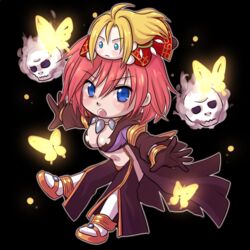  ahat_(ragnarok_online) black_background black_gloves black_pants blonde_hair blue_eyes blush breasts bug butterfly character_doll chibi cleavage coat commentary_request doll_on_head female flaming_skull floating_skull full_body gloves grey_coat halterneck long_sleeves looking_at_viewer manoji medium_breasts navel open_mouth pants pink_hair ragnarok_online red_robe robe sandals short_hair side_slit simple_background solo suspenders thighhighs warlock_(ragnarok_online) white_thighhighs yellow_footwear 