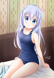  bed blue_eyes blue_hair blue_one-piece_swimsuit commentary cowboy_shot dated female gochuumon_wa_usagi_desu_ka? hair_ornament inakami indoors kafuu_chino long_hair looking_at_viewer one-piece_swimsuit school_swimsuit signature sitting solo swimsuit x_hair_ornament 