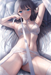  arm_behind_head armpits bare_arms black_hair blue_eyes blush bra breasts closed_mouth commentary female garter_belt highres holding holding_leash large_breasts leash lingerie long_hair looking_at_viewer lying mhru navel on_back on_bed original panties pillow pov solo stomach sweat thighhighs underwear underwear_only viewer_on_leash white_bra white_panties white_thighhighs 