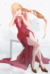  absurdres bare_legs black_footwear blonde_hair bonrdgg breasts dress female girls&#039;_frontline high_heels highres jewelry long_dress long_hair looking_at_viewer necklace official_alternate_costume ots-14_(girls&#039;_frontline) ots-14_(ruler_of_the_banquet)_(girls&#039;_frontline) photoshop_(medium) red_dress shoes simple_background small_breasts solo yellow_eyes 