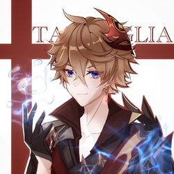  1boy 97552153 black_gloves blue_eyes brown_hair character_name closed_mouth collar earrings genshin_impact gloves hair_between_eyes hair_ornament highres jewelry looking_at_viewer male_focus short_hair smile solo tartaglia_(genshin_impact) white_background 