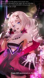  97552153 :d absurdres antenna_hair blue_eyes breasts cleavage concert dress drill_hair female gloves hair_between_eyes hair_ornament highres holding holding_microphone honkai_(series) honkai_impact_3rd kiana_kaslana kiana_kaslana_(valkyrie_ranger) looking_at_viewer lyrics microphone music musical_note musical_note_hair_ornament open_mouth singing sleeveless sleeveless_dress smile solo star_tattoo tattoo twin_drills white_gloves white_hair 