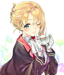  ;) agent_(ash_arms) ascot ash_arms black_jacket black_vest blonde_hair blue_eyes closed_mouth commentary cup dress_shirt female finger_to_mouth gloves high_collar holding holding_cup ichimasa_game jacket leaning_forward long_sleeves looking_at_viewer one_eye_closed shirt short_hair shushing sidelocks sitting smile solo spitfire_(ash_arms) teacup tied_hair vest white_ascot white_background white_gloves white_shirt 