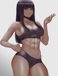  abs absurdres alternate_costume alternate_muscle_size bad_id bad_twitter_id black_hair black_sports_bra blank_eyes breasts cowboy_shot cropped_legs eyebrows female hand_on_own_hip highres hyuuga_hinata large_breasts long_hair muscular muscular_female naruto_(series) naruto_shippuuden obliques simple_background smile sports_bra sportswear thighs toned zaki_(zaki_btw) 