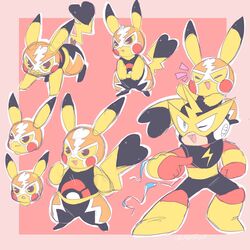  1:1 2018 all_fours ambiguous_gender capcom clothing cosplay_pikachu_(costume) crossover duo elec_man female feral generation_1_pokemon hi_res human male mammal mask mega_man_(series) multiple_poses nintendo one_eye_closed open_mouth open_smile pikachu pikachu_libre pokemon pokemon_(species) pose rockshun semi-anthro simple_background smile wink 