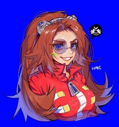  3mia_hadi3 artist_name bad_id bad_twitter_id blue_background blue_eyes breasts brown_hair dr._eggman eggmaam female genderswap_(mtf) glasses goggles goggles_on_head grin highres jacket long_hair red_jacket round_eyewear rule_63 smile solo sonic_(series) spoken_symbol upper_body zipper_pull_tab 