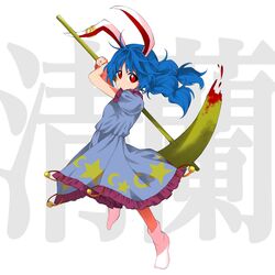  ambiguous_red_liquid animal_ears blue_dress blue_hair commentary_request crescent crescent_print dress earclip female frilled_dress frilled_sleeves frills full_body harukawa_moe_(style) highres keiki8296 kine mallet puffy_short_sleeves puffy_sleeves rabbit_ears red_eyes seiran_(touhou) short_sleeves socks solo star_(symbol) star_print touhou white_socks 