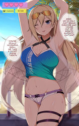  ;d alternate_costume armpits arms_up bare_arms beach bianka_durandal_ataegina bianka_durandal_ataegina_(valkyrie_gloria) blonde_hair blue_eyes blue_sky breasts buckle cleavage clip_studio_paint_(medium) collarbone commentary cowboy_shot criss-cross_halter day english_commentary english_text eyewear_on_head female gameplay_mechanics groin hair_between_eyes halterneck head_tilt heart highres honkai_(series) honkai_impact_3rd horizon large_breasts legs_together long_hair looking_at_viewer micro_shorts midriff navel ocean one_eye_closed open_mouth outdoors palm_tree railing sand see-through shade sheita shiny_skin shorts skindentation sky smile solo speech_bubble spoken_heart standing stomach sunglasses sweat talking thigh_strap tree very_long_hair white_shorts 