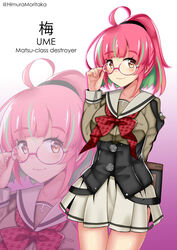  absurdres adjusting_eyewear blouse bow bowtie breasts character_name corset cowboy_shot female glasses gradient_background green_hair green_shirt grey_sailor_collar grey_skirt highres himura_moritaka juliet_sleeves kantai_collection large_breasts long_sleeves multicolored_hair notebook pink-framed_eyewear pink_background pink_hair pleated_skirt ponytail projected_inset puffy_sleeves red_bow red_eyes sailor_collar sailor_shirt shirt short_hair skirt solo streaked_hair twitter_username ume_(kancolle) zoom_layer 