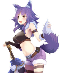  :d animal_ear_fluff animal_ears arm_belt arm_strap armpits bare_shoulders belt between_breasts black_shirt blush breasts brown_belt chains commentary covered_nipples cowboy_shot crop_top fangs female fur-trimmed_shorts fur_trim highres holding_own_tail large_breasts long_hair looking_at_viewer makoto_(princess_connect!) midriff mofu_namako navel open_mouth photoshop_(medium) planted planted_sword princess_connect! purple_hair purple_shorts shirt shorts sidelocks simple_background sleeveless sleeveless_shirt smile solo standing stomach sword tail teeth thigh_strap upper_teeth_only v-shaped_eyebrows vambraces weapon white_background wolf_ears wolf_girl wolf_tail yellow_eyes 