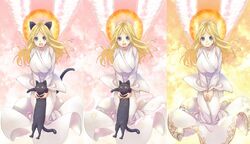  :d angel_wings animal animal_ears black_cat black_cat_(elona) blonde_hair breasts cat_ears cat_girl cat_tail cloud dress ehekatl_of_luck elona feathers feet_out_of_frame feline female flying gold_trim halo hands_on_own_thighs holding holding_animal large_breasts light_particles long_sleeves looking_at_viewer misono_mitama multiple_views own_hands_together robe sky smile tail v_arms variations white_dress white_wings wide_sleeves wings 