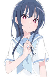  blue_hair blue_neckwear blue_sailor_collar blush bright_pupils closed_mouth collarbone commentary female hand_in_own_hair hibike!_euphonium ixy kitauji_high_school_uniform light_frown long_hair looking_at_viewer red_eyes sailor_collar school_uniform serafuku shirt short_sleeves sidelocks simple_background solo upper_body white_background white_pupils white_shirt yoroizuka_mizore 