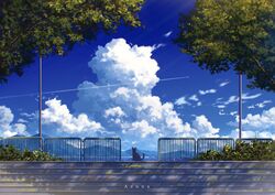  aeuna blue_sky bush cloud cloudy_sky contrail cumulonimbus_cloud dappled_sunlight day english_commentary feline highres lamppost landscape mountain mountainous_horizon no_humans original outdoors railing rural scenery sky stairs summer sunlight tree watermark 