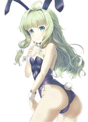  animal_ears ass black_leotard breasts cowboy_shot fake_animal_ears female fishnet_pantyhose fishnets green_eyes green_hair highres higoromo_nanten leotard long_hair looking_at_viewer okina_(805197) pantyhose playboy_bunny rabbit_ears rabbit_tail simple_background small_breasts solo soushuu_senshinkan_gakuen_bansenjin strapless strapless_leotard tail wavy_hair white_background wrist_cuffs 