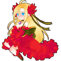  1boy ahat_(ragnarok_online) ahoge alternate_color blonde_hair blue_eyes blush bow commentary_request corset crossdressing detached_sleeves dress frilled_dress frilled_sleeves frills full_body green_bow green_ribbons hair_ribbon high_heels kneehighs large_bow long_hair looking_afar male_focus manoji official_alternate_costume open_mouth ragnarok_online red_dress red_sleeves red_socks ribbon simple_background sleeveless sleeveless_dress socks solo wanderer_(ragnarok_online) white_background wide_sleeves 