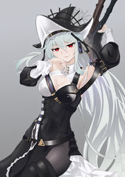  absurdres arknights astonfe black_legwear black_nails black_shirt black_sleeves breasts cleavage covered_navel cowboy_shot detached_sleeves dutch_angle female grey_background grey_hair hair_between_eyes hands_up highres long_hair looking_at_viewer medium_breasts official_alternate_costume pantyhose parted_lips red_eyes shirt simple_background smile solo specter_(arknights) specter_the_unchained_(arknights) thighhighs v-shaped_eyebrows very_long_hair weapon weapon_on_back 