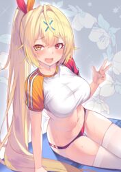  :d ahoge alternate_costume arm_support ass_visible_through_thighs blonde_hair blush breasts buruma commentary_request cowboy_shot crop_top female floral_background gradient_background grey_background gym_uniform hair_intakes hair_ornament heterochromia highres hoshikawa_sara large_breasts leaning_to_the_side long_hair looking_at_viewer navel nijisanji oerba_yun_fang open_mouth orange_eyes ponytail raglan_sleeves red_buruma red_eyes short_sleeves sitting smile solo sparkle stomach sweat thigh_gap thighhighs v very_long_hair virtual_youtuber white_thighhighs x_hair_ornament yoshiheihe 