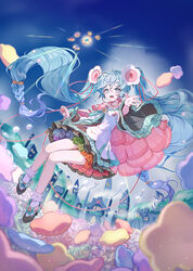  :d absurdres bare_legs black_footwear braid female flower green_eyes green_hair hair_between_eyes hair_ornament hatsune_miku highres long_hair long_sleeves magical_mirai_(vocaloid) nishina_hima open_mouth red_ribbon ribbon smile socks solo twintails vocaloid white_legwear wide_sleeves 