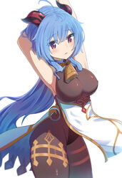  absurdres ahoge arm_over_head armpits arms_up bell black_legwear blue_hair breasts commentary curled_horns dunggeul_dunggeul female ganyu_(genshin_impact) genshin_impact gold_trim highres horns large_breasts leotard leotard_under_clothes long_hair neck_bell purple_eyes sidelocks sleeveless solo thighlet thighs very_long_hair white_background 