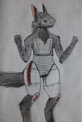  absurd_res anthro armazi armor_plates black_body black_fur fur hi_res machine male mechanical_arm mechanical_leg mechanical_limbs nude protogen solo traditional_media_(artwork) vani2h visor 