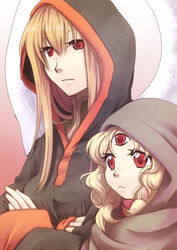  2girls black_cloak blonde_hair cloak closed_mouth crossed_arms curly_hair elona exile_(elona) freckles frown genderswap_(mtf) halo height_difference hood hood_up hooded_cloak humanization itzpalt_of_element long_hair long_sleeves misono_mitama multiple_girls red_eyes rule_63 side-by-side sleeves_past_wrists straight_hair third_eye upper_body 