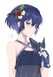  akina_(akn_646) blue_eyes blue_gloves blue_hair closed_mouth female fingerless_gloves fire_emblem fire_emblem_awakening fire_emblem_heroes flower gloves hair_flower hair_ornament highres holding holding_mask lucina_(fire_emblem) marth_(fire_emblem_awakening) mask short_hair simple_background solo swimsuit upper_body white_background 