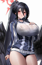  black_bra black_hair blue_archive blue_choker blue_jacket blush bra bra_visible_through_clothes breasts chinese_commentary choker collarbone commentary eternity_(shadeh) female gym_uniform hair_between_eyes halo hand_on_own_chest hasumi_(blue_archive) hasumi_(track)_(blue_archive) highres jacket large_breasts long_hair long_sleeves looking_at_viewer low_wings mole mole_under_eye official_alternate_costume parted_lips partially_unzipped ponytail red_eyes shirt simple_background solo thighs underwear white_background white_shirt wings 