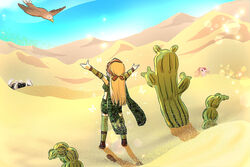  arms_up bandana bird blonde_hair blue_sky boots bra_strap braid breasts brown_footwear brown_headwear cactus camouflage camouflage_scarf camouflage_shorts commentary_request day desert falcon female french_braid from_behind full_body gloves green_gloves green_legwear green_scarf green_shorts green_tube_top hode in-universe_location lens_flare long_hair manoji medium_breasts midriff monster outdoors phreeoni ragnarok_online ranger_(ragnarok_online) sand scarf shorts sky solo_focus standing strapless thighhighs tube_top 