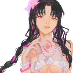  absurdres bare_shoulders basic bikini black_hair bracelet braid breasts chest_tattoo cleavage commentary facial_mark fate/grand_order fate_(series) female flower forehead_mark hair_flower hair_ornament highres jewelry lips long_hair looking_at_viewer mudra multicolored_hair necklace pink_hair sessyoin_kiara sessyoin_kiara_(swimsuit_mooncancer) sessyoin_kiara_(swimsuit_mooncancer)_(first_ascension) shell shell_necklace smile solo swimsuit tattoo twin_braids vitarka_mudra white_bikini yellow_eyes 