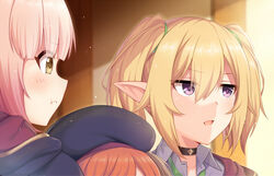  3girls beret black_coat blonde_hair blush breasts brown_eyes chieru_(princess_connect!) chloe_(princess_connect!) choker coat collared_shirt elf green_necktie hairband hat horosuke long_hair looking_to_the_side meme multiple_girls necktie open_mouth orange_hair out_of_frame pink_hair pointy_ears pout princess_connect! purple_eyes school_uniform shirt short_hair st._theresa&#039;s_girls_academy_school_uniform star_(symbol) star_in_eye symbol_in_eye wanima_photo_(meme) yuni_(princess_connect!) 