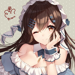  artist_name bare_shoulders bison_cangshu blue_dress breasts brown_hair china_railway_girl cleavage collarbone commentary_request dress female frills hair_ornament hair_ribbon hairclip headdress long_hair looking_at_viewer off-shoulder_dress off_shoulder one_eye_closed ribbon saionji_rin_(crh380b) signature smile solo star_(symbol) star_hair_ornament white_headdress white_ribbon wrist_cuffs 