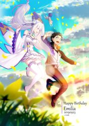  1boy :d bare_shoulders black_hair detached_sleeves dress emilia_(re:zero) female flower frilled_dress frilled_sleeves frills grasslands hair_flower hair_ornament hair_slicked_back happy_birthday highres kumuo_(mirakurufusao) long_hair low-tied_long_hair midair natsuki_subaru open_mouth petals puck_(re:zero) re:zero_kara_hajimeru_isekai_seikatsu short_hair smile sunlight thighhighs track_suit white_hair 