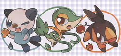  ambiguous_gender anthro black_body blue_body blue_eyes brown_eyes brown_nose fangs feral fire freckles generation_5_pokemon green_body group hi_res holding_object leaf mammal mustelid nintendo open_mouth orange_body oshawott pokemon pokemon_(species) pupils red_eyes red_nose reptile scalie shell slit_pupils snivy starter_trio suid suina sus_(pig) teeth tepig tongue trio water white_body yellow_body 