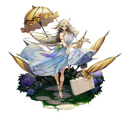  armlet bare_shoulders breasts chinese_commentary commentary_request dress earrings faux_figurine female flower full_body hair_between_eyes hair_flower hair_ornament hair_ribbon han-0v0 highres hydrangea jewelry large_breasts looking_at_viewer parasol photoshop_(medium) platinum_blonde_hair ribbon signature simple_background solo song_of_time suitcase umbrella white_background yellow_eyes 