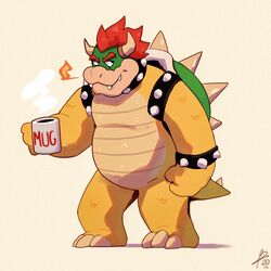  1:1 2_horns anthro beverage borkthunder bowser bracelet coffee coffee_cup coffee_mug collar container cup eyebrows fire hair hi_res horn jewelry koopa looking_at_viewer male mario_bros nintendo red_hair reptile scalie solo spiked_bracelet spiked_collar spikes teeth thick_eyebrows 