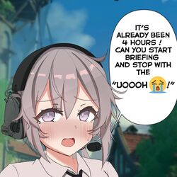  blurry blurry_background blush bright_pupils collared_shirt crossed_bangs crying_emoji day embarrassed emoji english_text female girls&#039;_frontline grey_eyes grey_hair hair_between_eyes headset highres looking_at_viewer m200_(girls&#039;_frontline) meme messy_hair microphone necktie open_mouth ryuu_(ryuu_pan) shirt short_hair sidelocks sky solo speech_bubble thick_eyelashes uohhhhhhhhh!_(meme) white_pupils white_shirt 