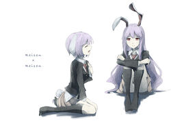  2girls animal_ears black_jacket black_legwear blush breasts buttons character_name closed_eyes closed_mouth collar collared_shirt commentary_request convenient_leg crescent hair_between_eyes hand_up highres jacket long_hair long_sleeves looking_at_another medium_breasts multiple_girls necktie no_headwear no_shoes open_mouth otomeza_ryuseigun partial_commentary pink_eyes pink_skirt purple_hair rabbit_ears rabbit_tail red_necktie reisen_(touhou_bougetsushou) reisen_udongein_inaba seiza shirt short_hair simple_background sitting skirt smile socks tail touhou white_background white_shirt white_sleeves 