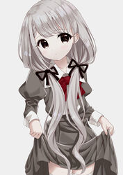  absurdres black_ribbon bow braid braided_bangs brown_eyes closed_mouth collared_shirt commentary_request female grey_background grey_hair grey_jacket grey_skirt hair_over_shoulder hair_ribbon highres hisakawa_nagi idolmaster idolmaster_cinderella_girls jacket juliet_sleeves long_sleeves looking_at_viewer low_twintails puffy_sleeves red_bow ribbon shirt simple_background skirt skirt_hold solo thighhighs twintails white_shirt white_thighhighs yata_(yatao_zzz) 