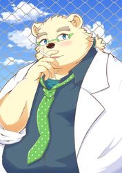  anthro bear blush cigarette clothing coat eyewear fur glasses hi_res lab_coat leib_(tas) lifewonders male mammal mau_(artist) mau_posono necktie polar_bear smoking solo tokyo_afterschool_summoners topwear ursine white_body white_fur 