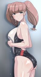  anchor_hair_ornament ass atlanta_(kantai_collection) black_swimsuit breasts brown_hair commentary_request competition_swimsuit cowboy_shot female grey_eyes hair_ornament highres kantai_collection large_breasts long_hair monteriakitto one-piece_swimsuit solo swimsuit two-tone_swimsuit two_side_up wet 