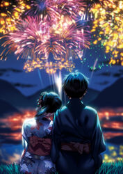  1boy aerial_fireworks ayase_chiaki black_hair blurry blurry_background couple depth_of_field female fireworks flower from_behind grey_kimono hair_bun hair_flower hair_ornament head_on_another&#039;s_shoulder highres japanese_clothes kimono obi outdoors piromizu red_sash sash single_hair_bun sistart! straight summer_festival 