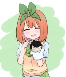  :d ^_^ blush bow closed_eyes collared_shirt commentary_request eyebrows_hidden_by_hair facing_viewer female go-toubun_no_hanayome green_background green_bow green_ribbons green_skirt hair_ribbon hand_puppet hands_up highres kujou_karasuma nakano_yotsuba open_mouth orange_hair pleated_skirt pointing puppet ribbon shirt short_sleeves skirt smile solo sweater_vest two-tone_background uesugi_fuutarou upper_body white_background white_shirt 